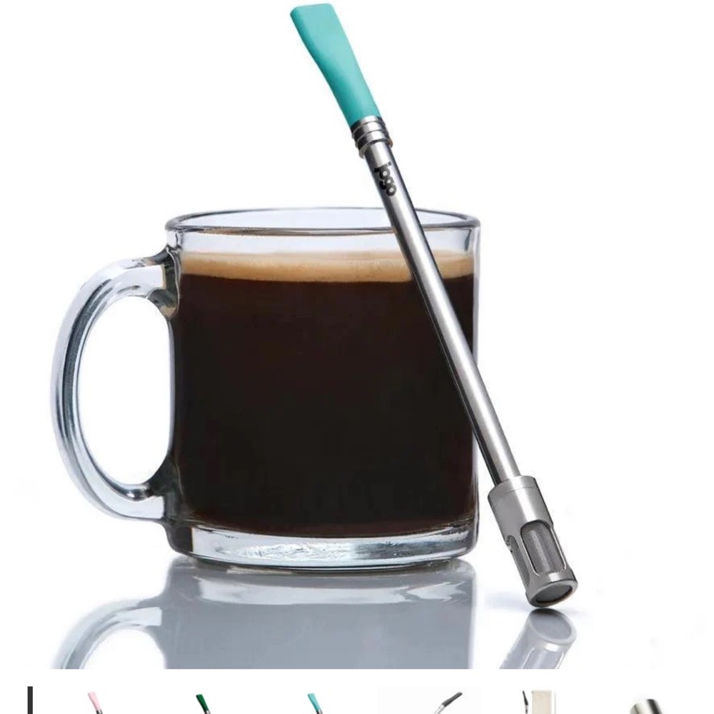 Stainless Steel Coffee Mug with Teal Straw by [Brand]